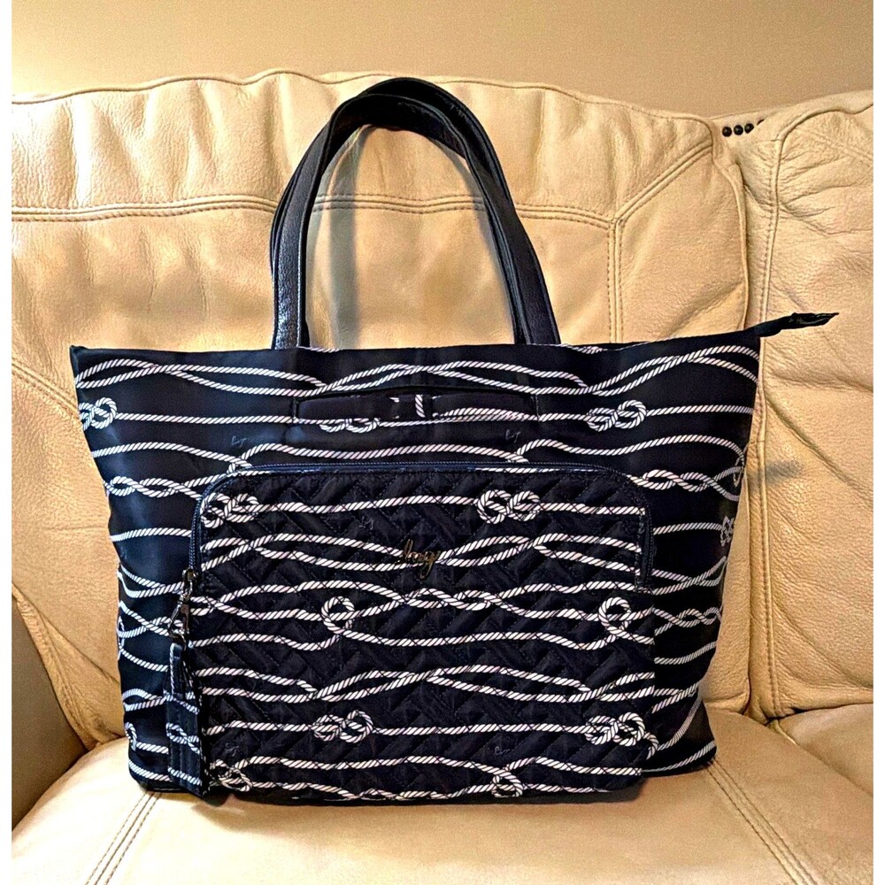 Lug Large Tote Bag Arpeggio Travel Quilted Rope Print Zip Navy Blue Lightweight